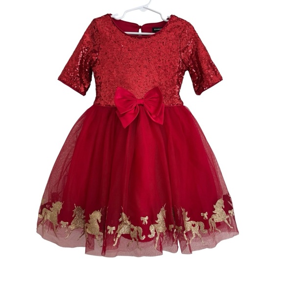 Zunie Red Sequins Christmas Dress Gold Glitter Unicorns Girls 6 - Picture 1 of 5